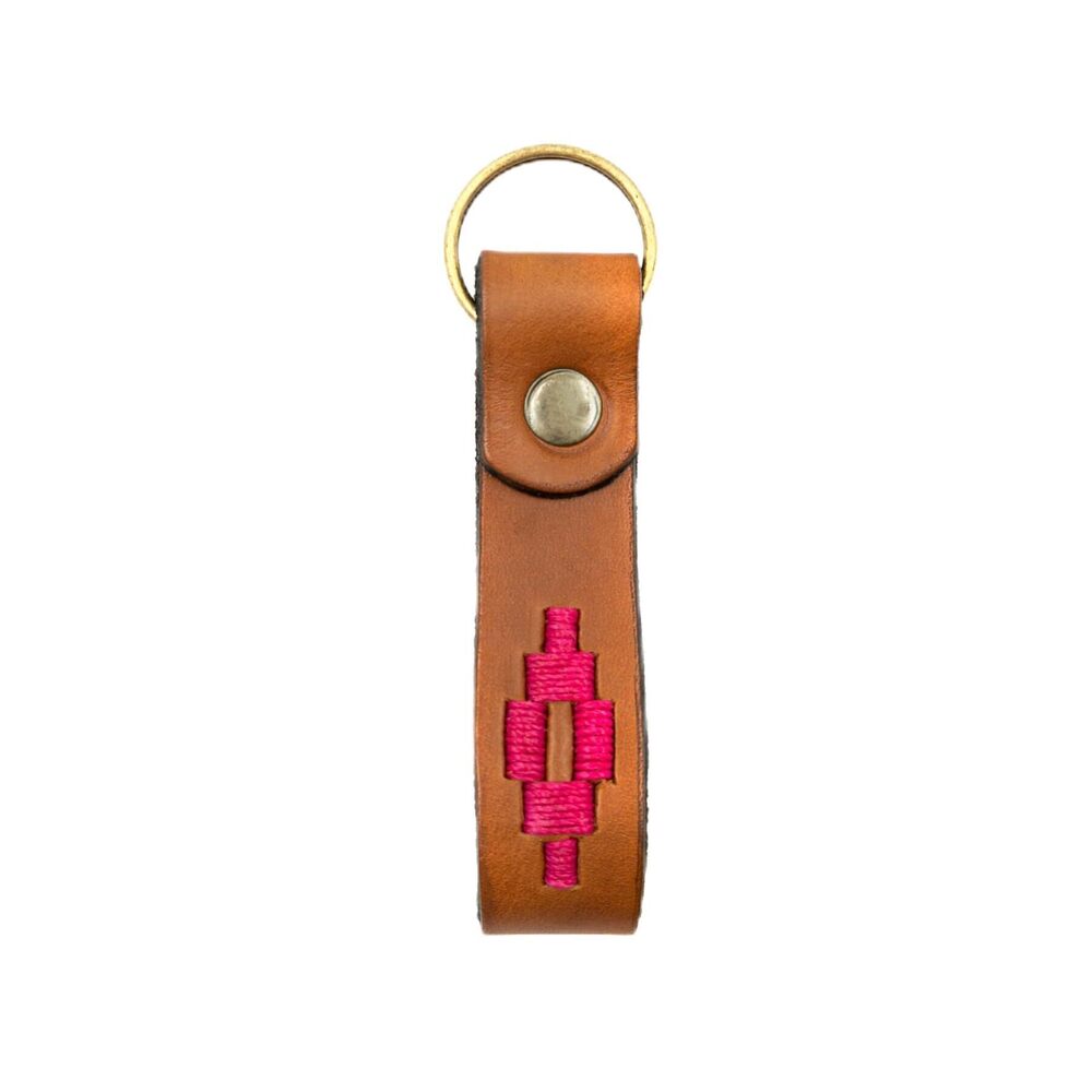 2911 Handmade Embroidered Leather Keychain Tan Pink